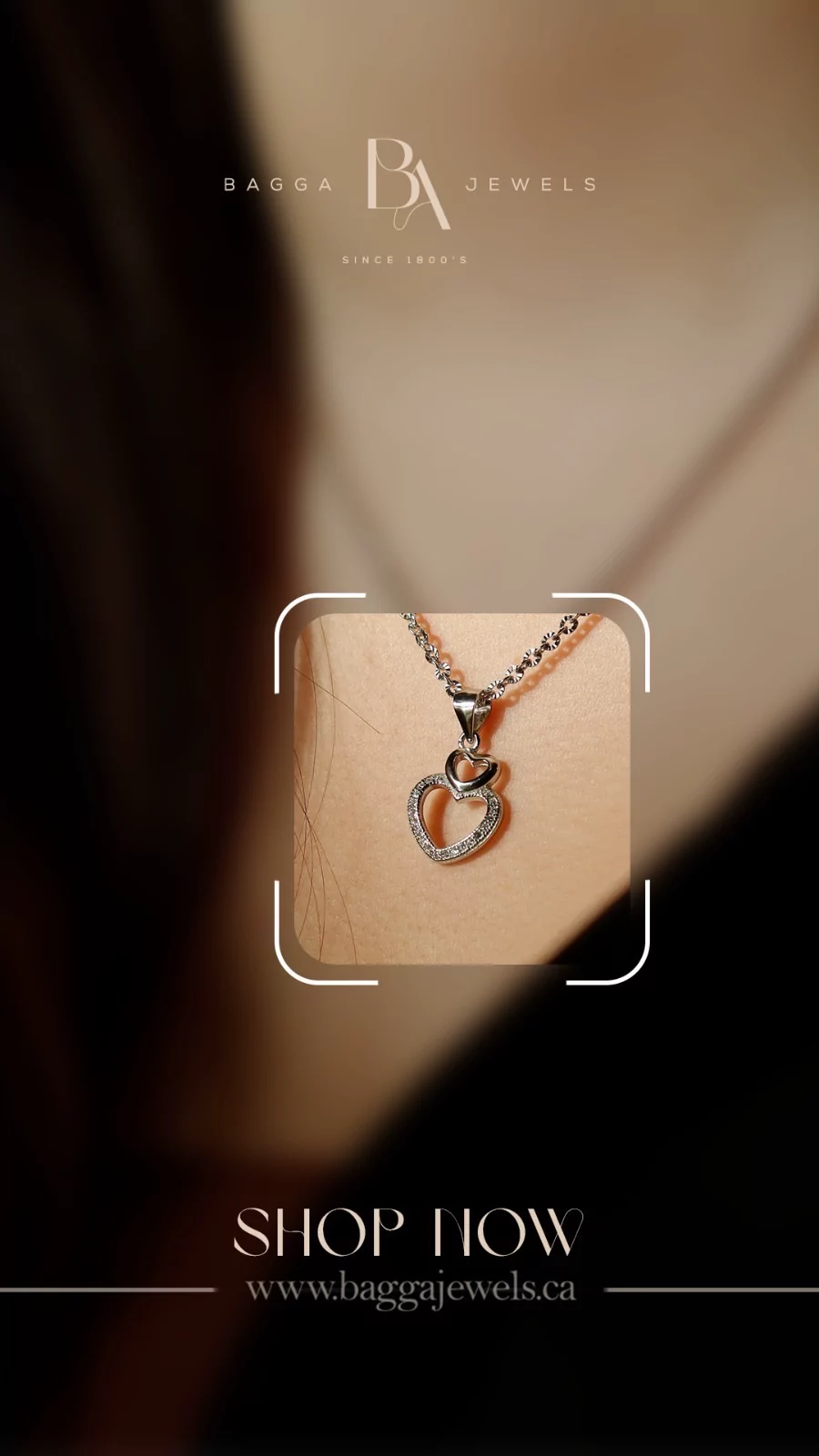 Social post for Bagga Jewels: pendant with the wordmark and a shop-now call to action